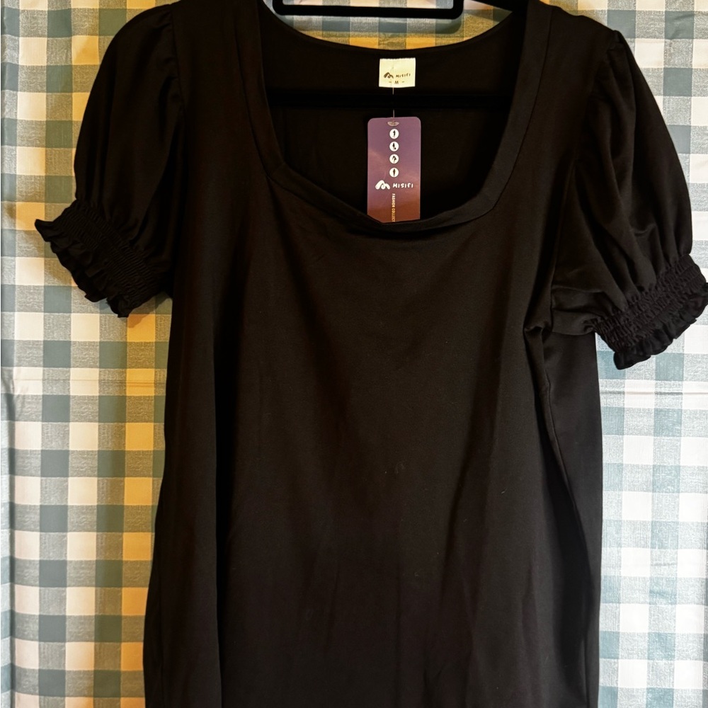 Misifi Black Square Neck Puff Sleeve Blouse